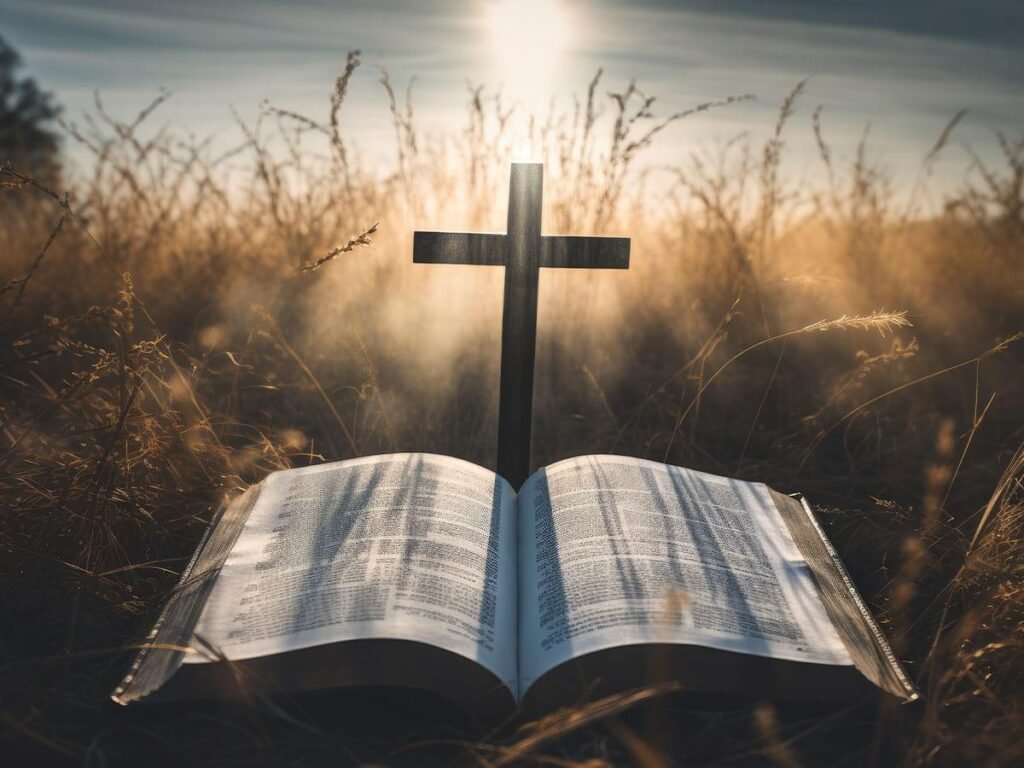Cross at sunrise symbolizing hope through Bible teachings and God's promises.