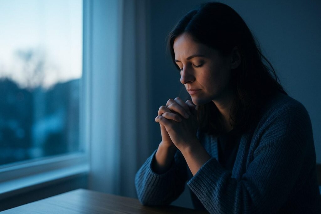 Christian woman offering a night prayer