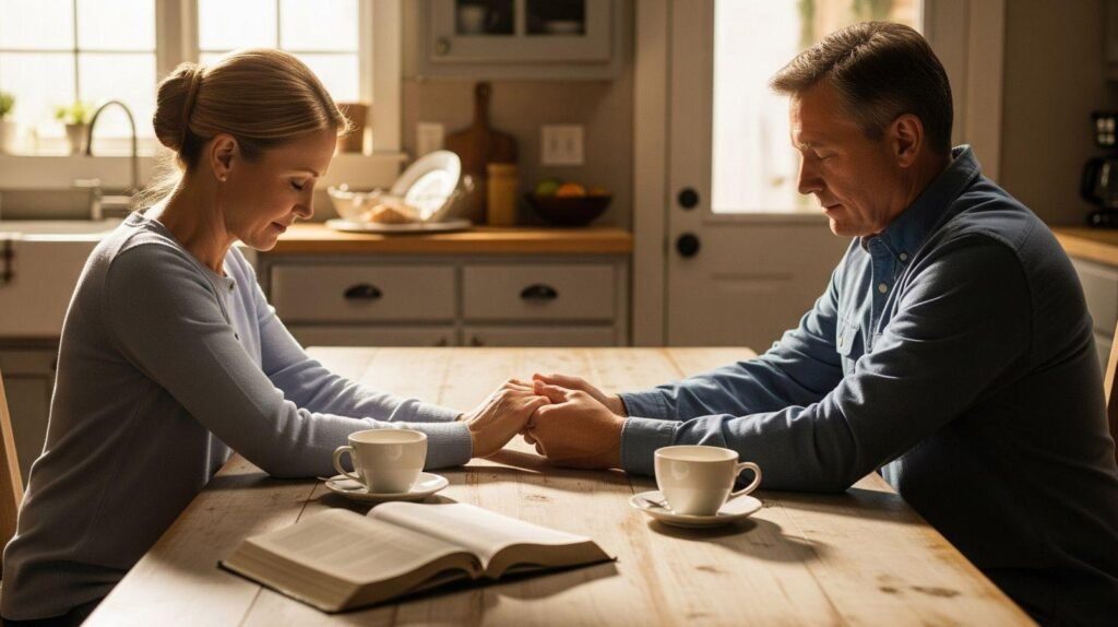 Christian couple praying together for their marriage