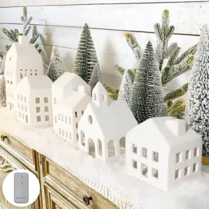 Christmas Decorations - Village Sets of 5 Lighted Ceramic Houses & 9 Trees