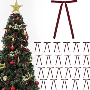 QIANF 24 Pcs Burgundy Vintage Velvet Ribbon Bows for Christmas Tree
